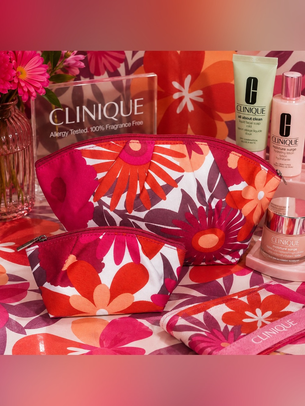 🌸 Clinique 2-Piece Cosmetic Makeup Bag Set – Pink & Orange Floral | Like New